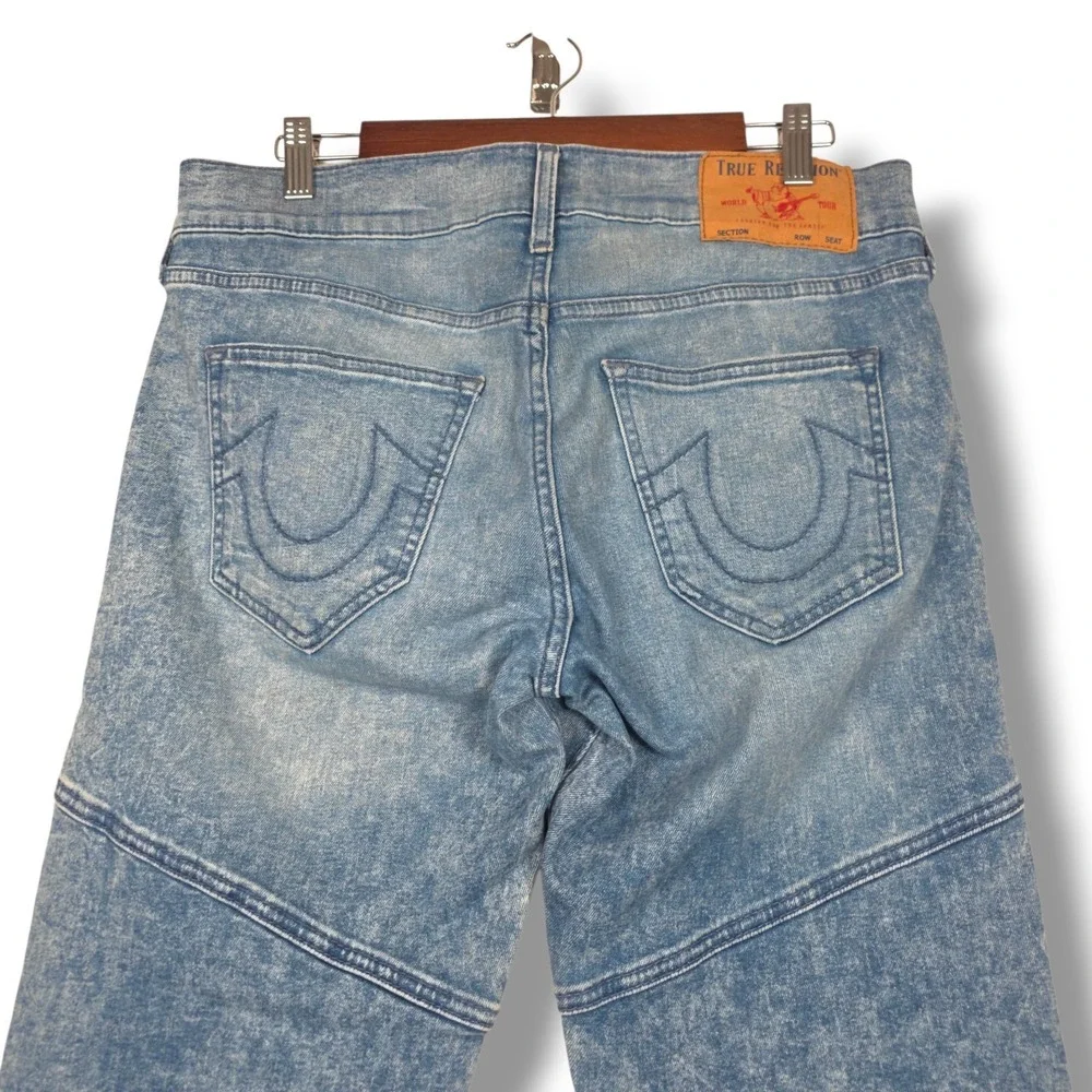 True Religion Geno Relaxed Slim Moto Biker Jeans Mens 31‎ Acid Wash Stretch Blue